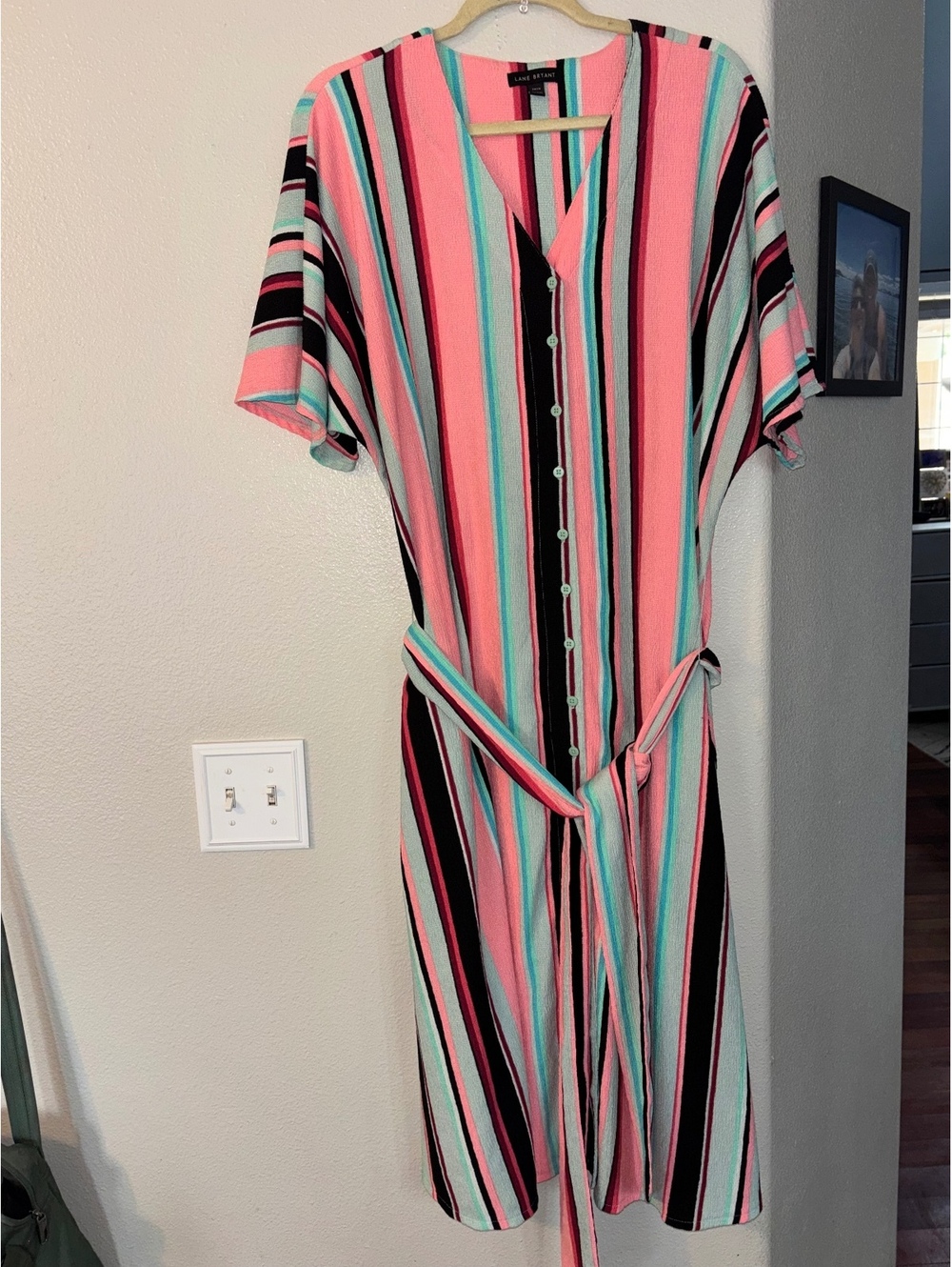 Lane Bryant Striped V-Neck Midi Shirt Dress Size 18/20 Plus Pink Teal Button Up